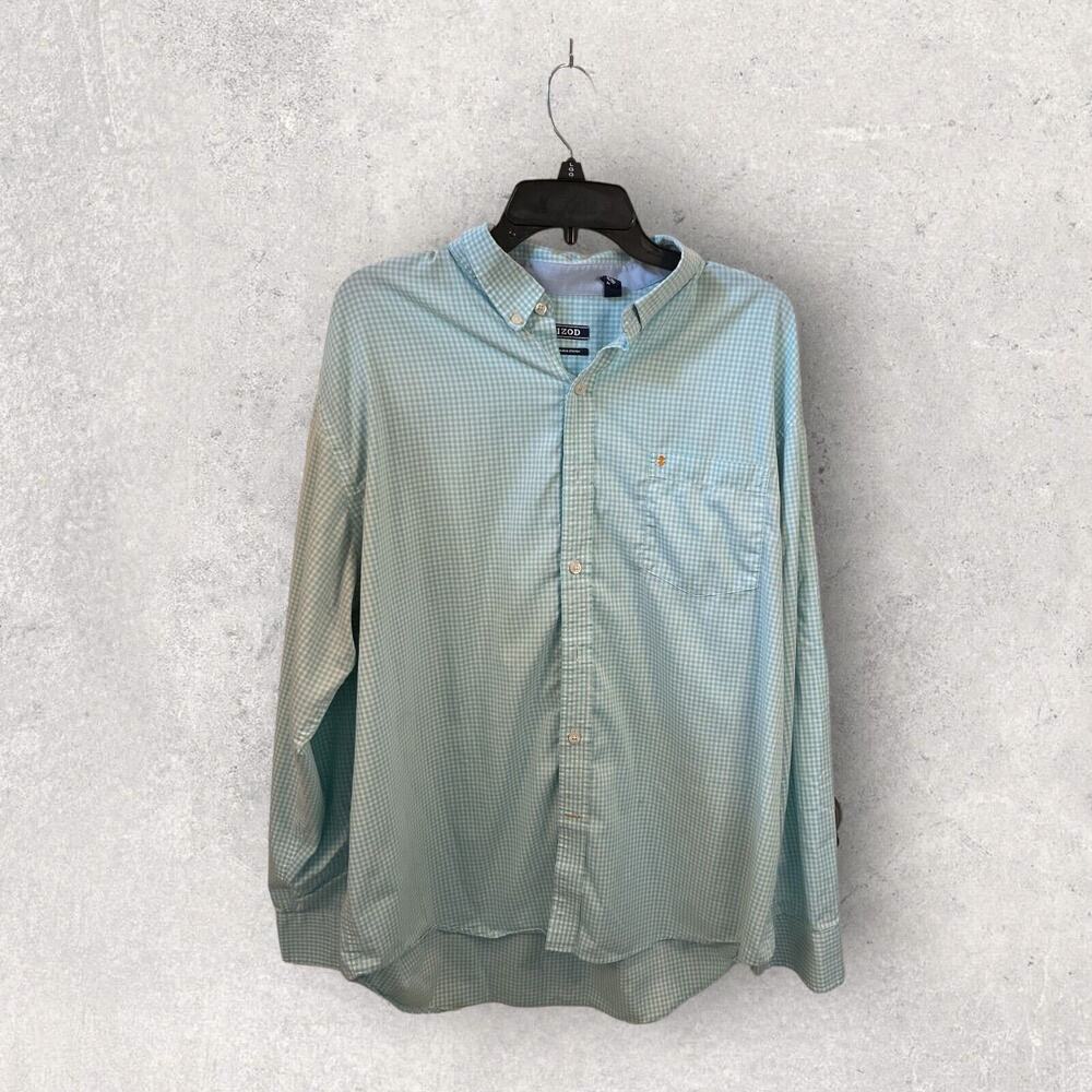 Izod Men’s L Aqua White Gingham Check Shirt Long Sleeve Button Down Non Iron